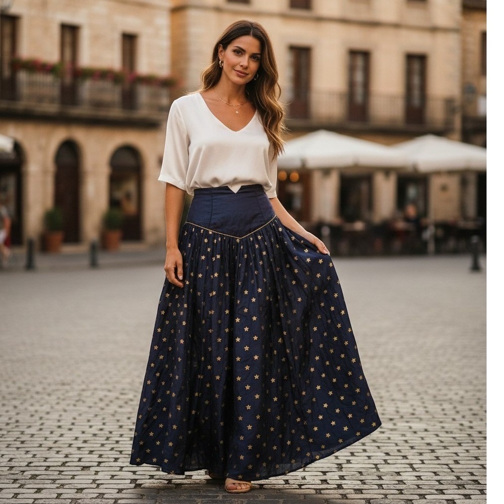 ZOZO Australia Vintage Blue Gold Stars 100% Silk Maxi Skirt Large V Yoke